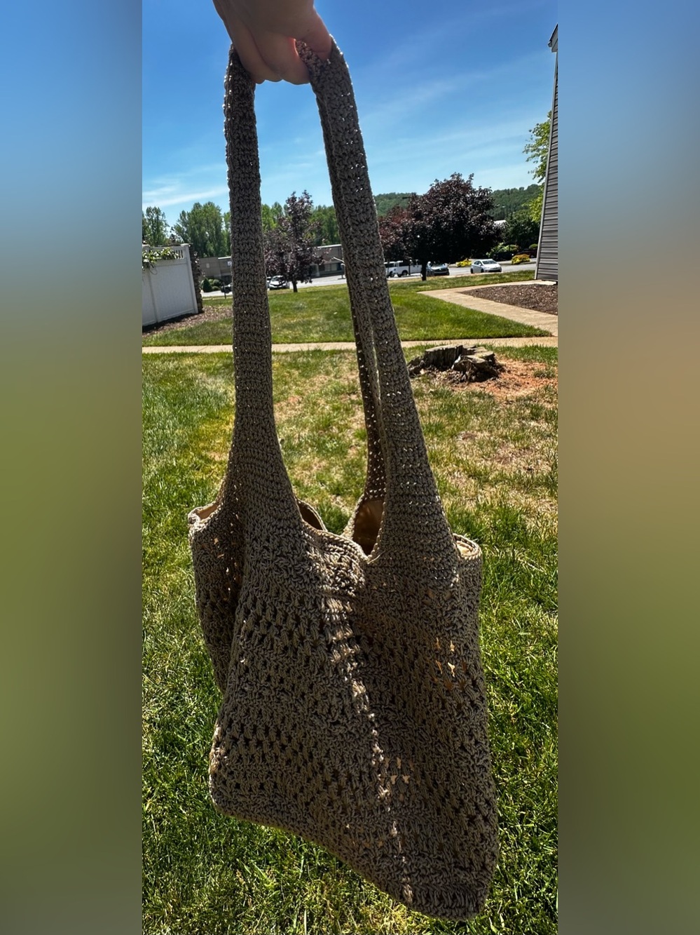 Woven Crochet Tote Bag in Tan - Picture 10 of 14